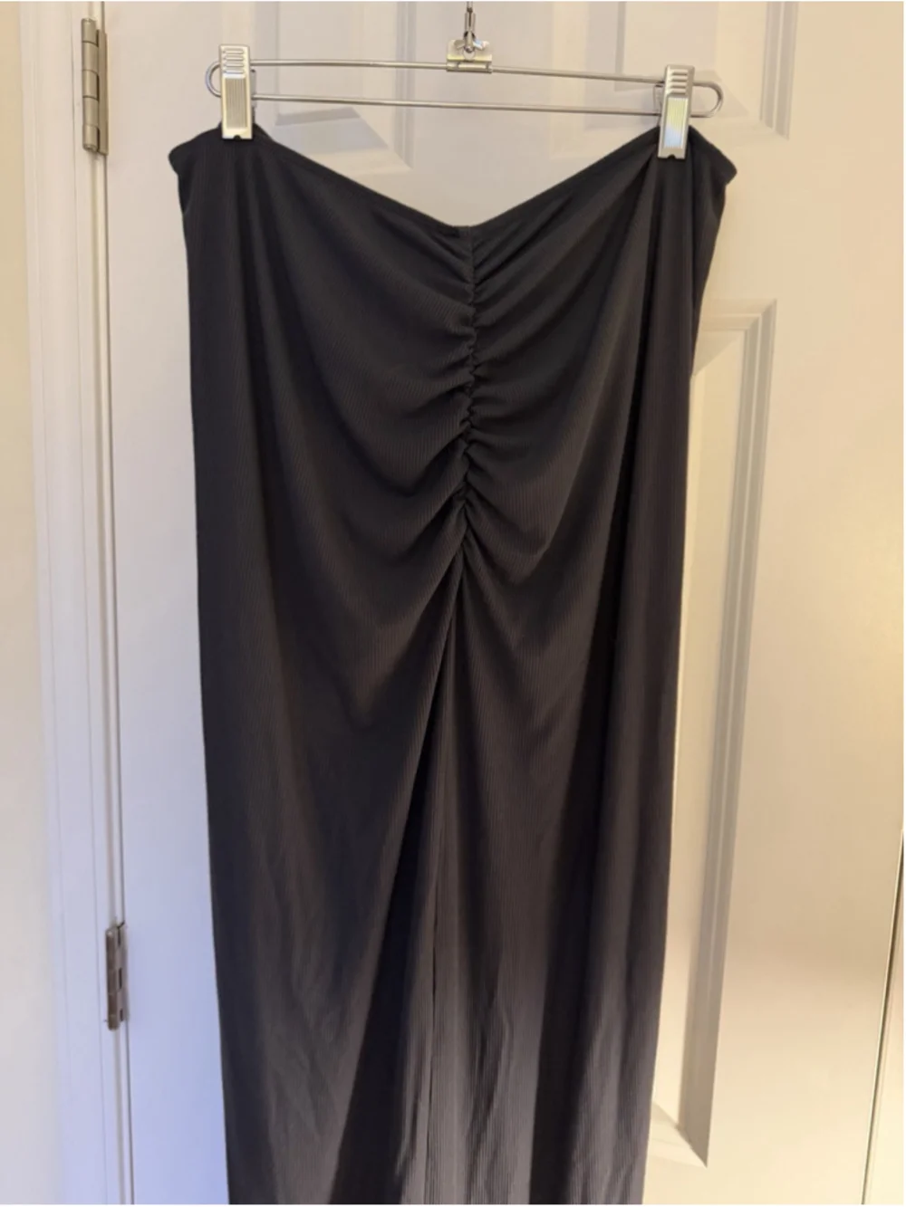 SKIMS Gray Ribbed Knit Ruched Drawstring Long Maxi Skirt Stretch Women's XL